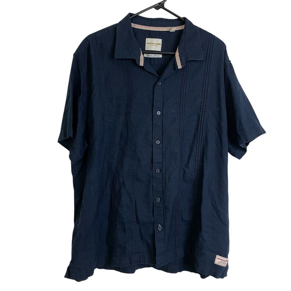 Scotch & Soda Shirt Mens XXL Blue Linen Blend Short Sleeve Button Up Pintuck *